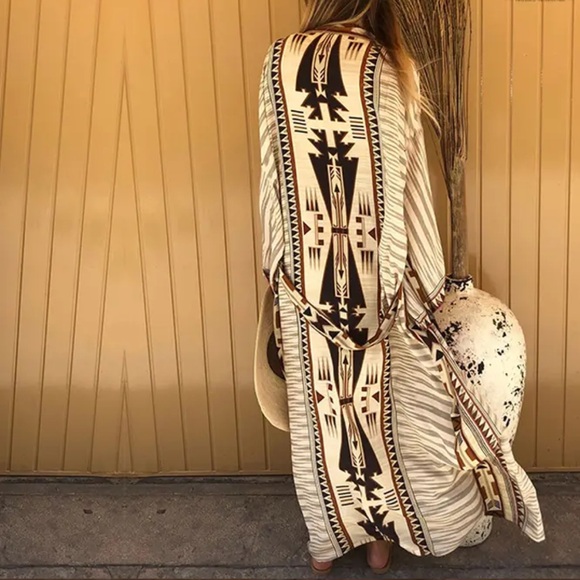 69. CLEARANCE Bohemian Tribal Tan Oversized Resort Beach Maxi Long Kimono - Picture 4 of 4